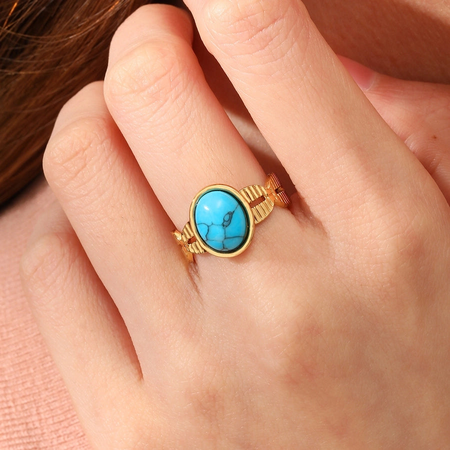 Round Square Turquoise Open Ring [201 Stainless Steel, 18K Gold Plated]