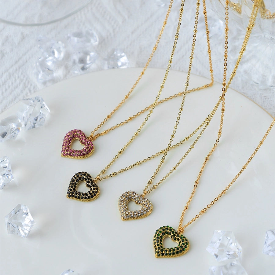 Colored Zircon Heart Necklace [304 Stainless Steel,14K Gold Plated]