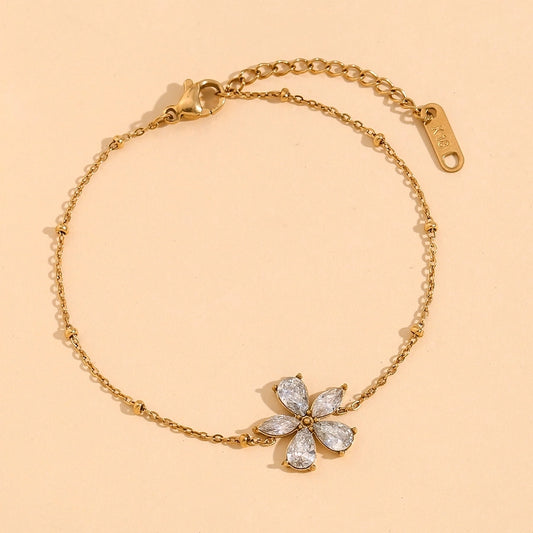 Flower Zircon Bracelet [304 Stainless Steel,18K Gold Plated]