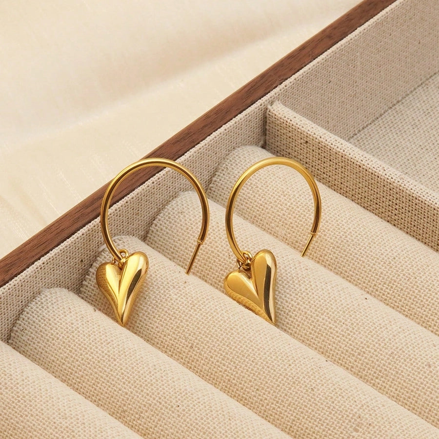 Heart Shape Drop Hoop Earrings [304 Stainless Steel,18K Gold Plated]