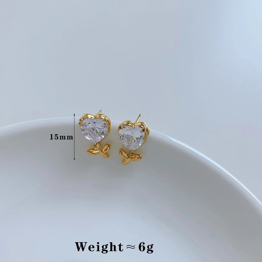 Heart Shape Zircon 1Earrings [304 Stainless Steel,16K Gold Plated]