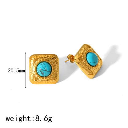 Square Blue Natural Stone Earrings [304 Stainless Steel,18K Gold Plated]