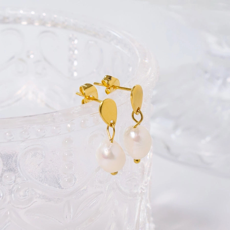 Water Droplets Plating Inlay Pearl Earrings [304 Stainless Steel,18K Gold Plated]