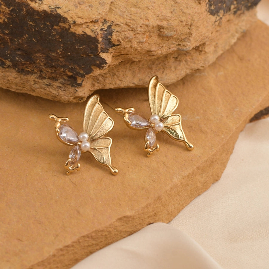 Shiny Stones Butterfly Earrings [304 Stainless Steel,18K Gold Plated]