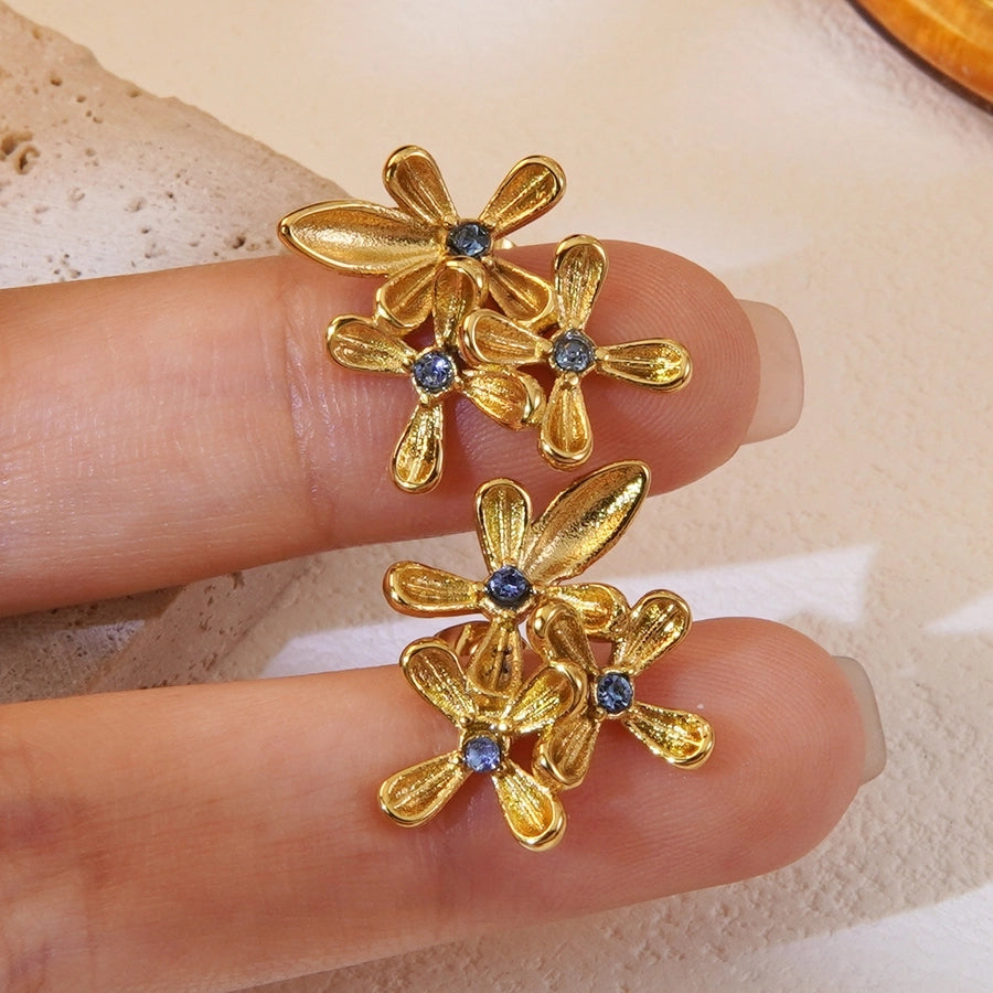 Flower Rhinestones Earrings [304 Stainless Steel,18K Gold Plated]