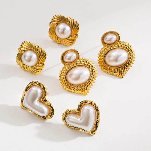 Round Square Heart Form Pearl Eareringe [304 Rustfrit stål, 18K guldbelagt]