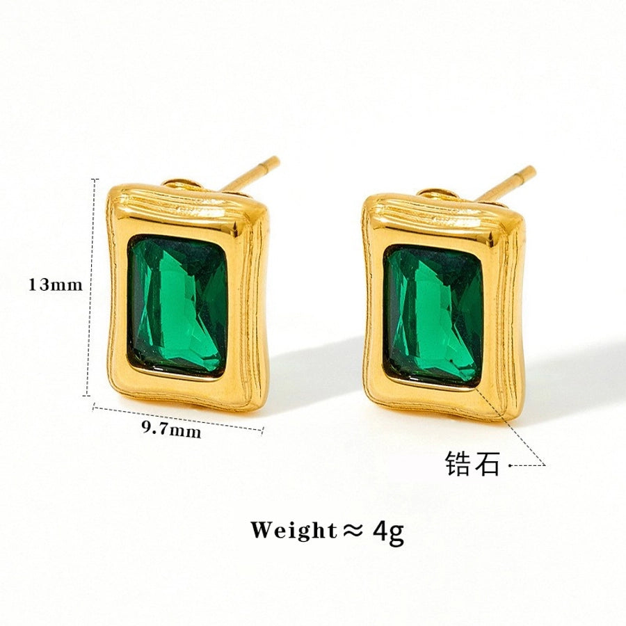 Shiny Rectangle Zircon Earrings [304 Stainless Steel,16K Gold Plated]