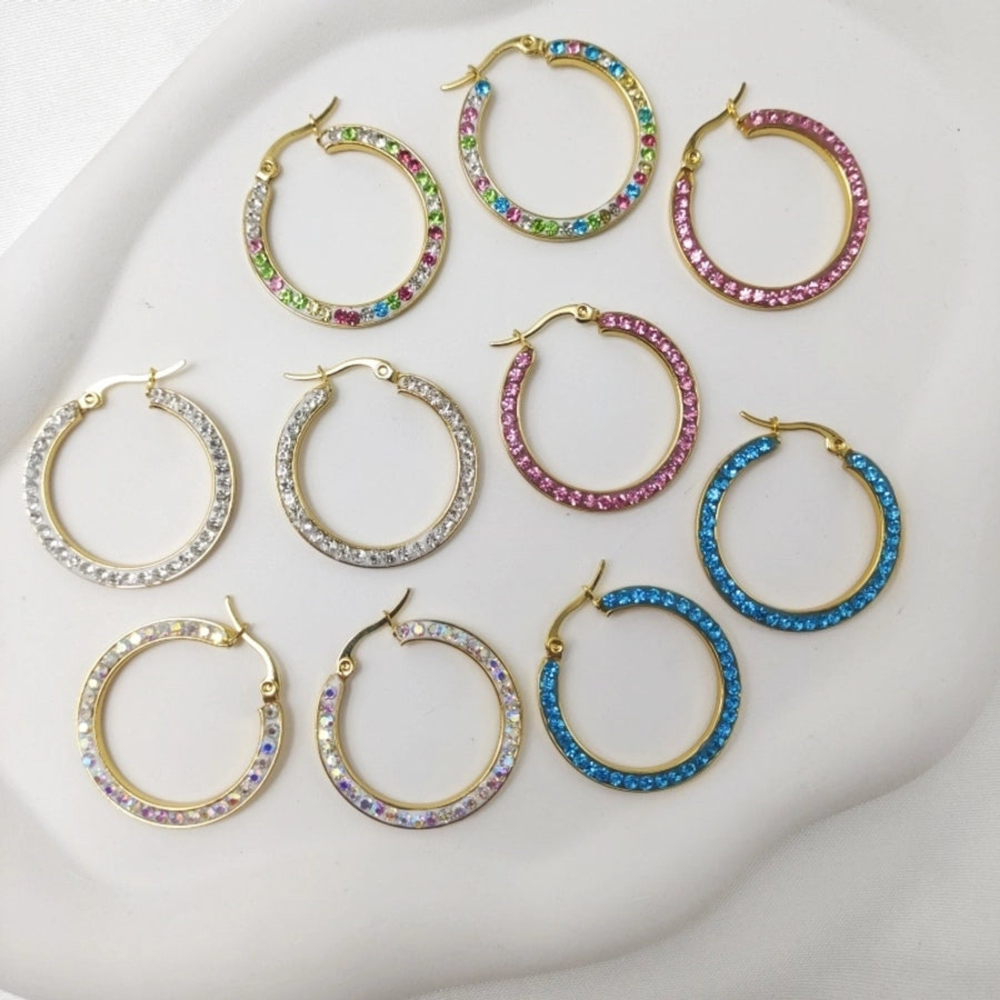 Colored Rhiestones Hoop Earrings [304 Stainless Steel]