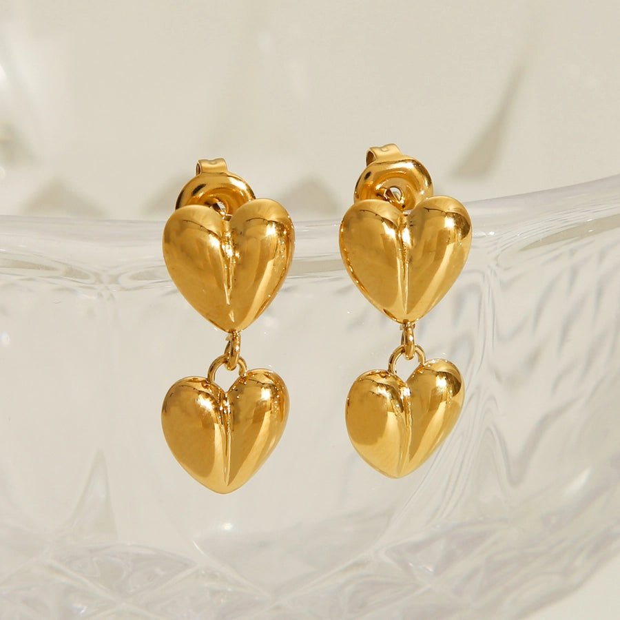 Pendientes cardíacos de color sólido de doble amor [304 acero inoxidable, 14k dorado chapado]