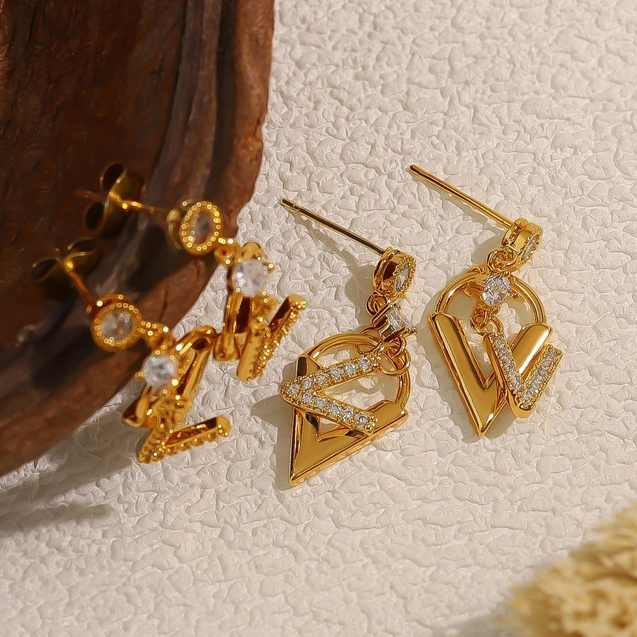 Letter Zircon Earrings [304 Stainless Steel, 18K Gold Plated]