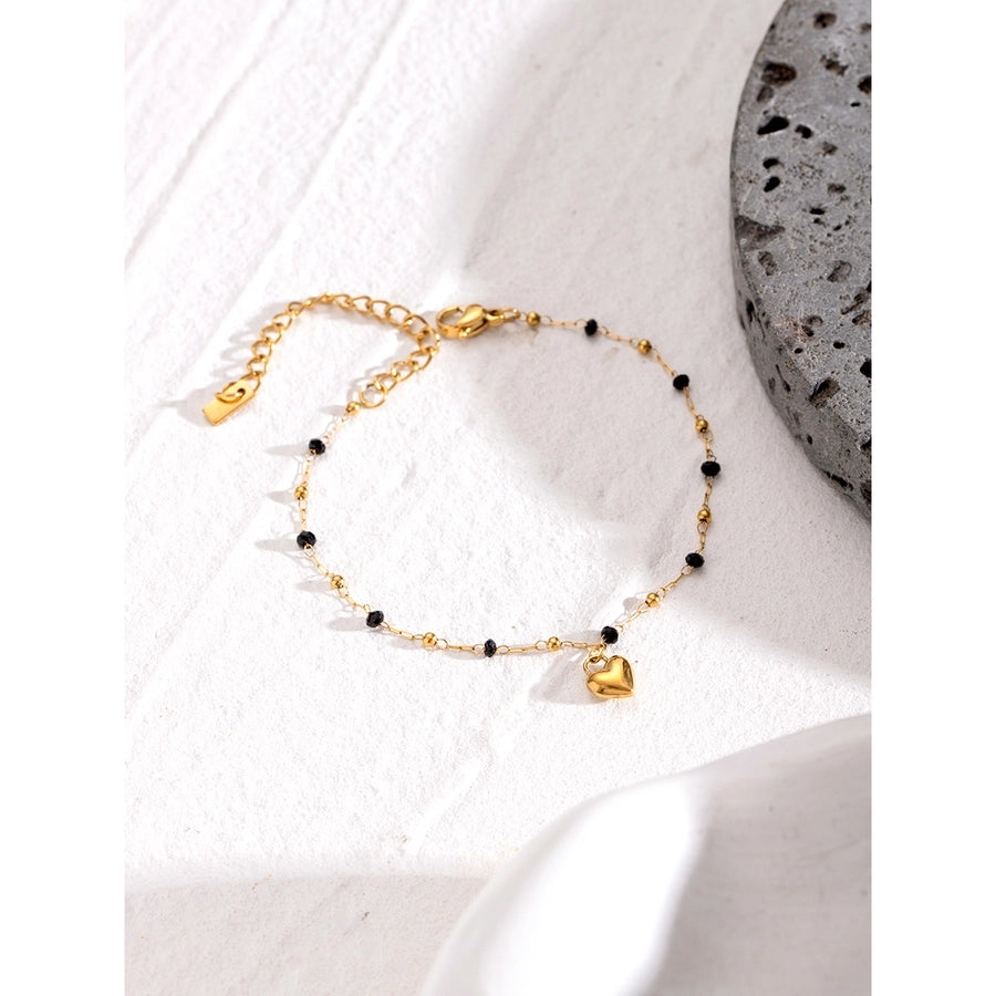 Heart Shape Black Beaded Bracelet [304 Stainless Steel]