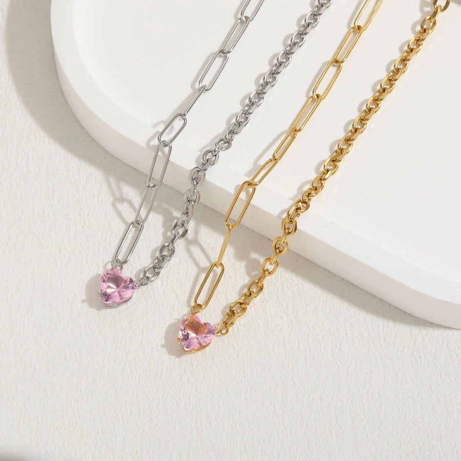 Pink Heart Shape Necklace [304 Stainless Steel,14K Gold Plated]