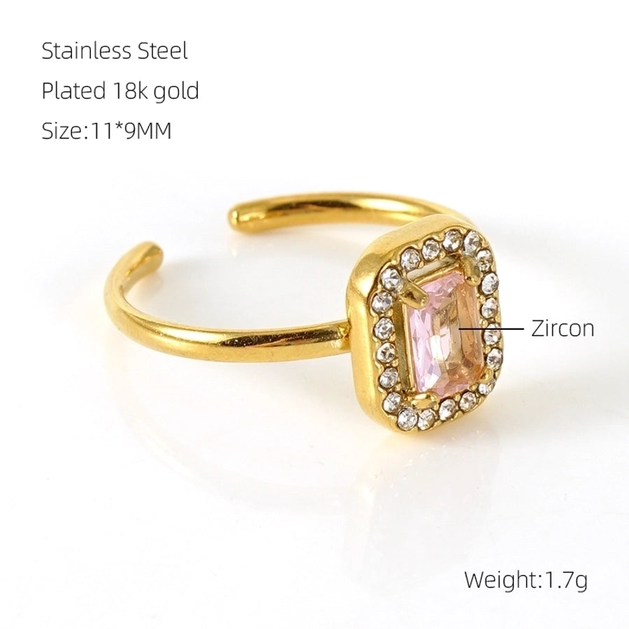 Shiny  Square Water Droplets Heart Shape Zircon Open Ring [Stainless Steel 18K Gold Plated]