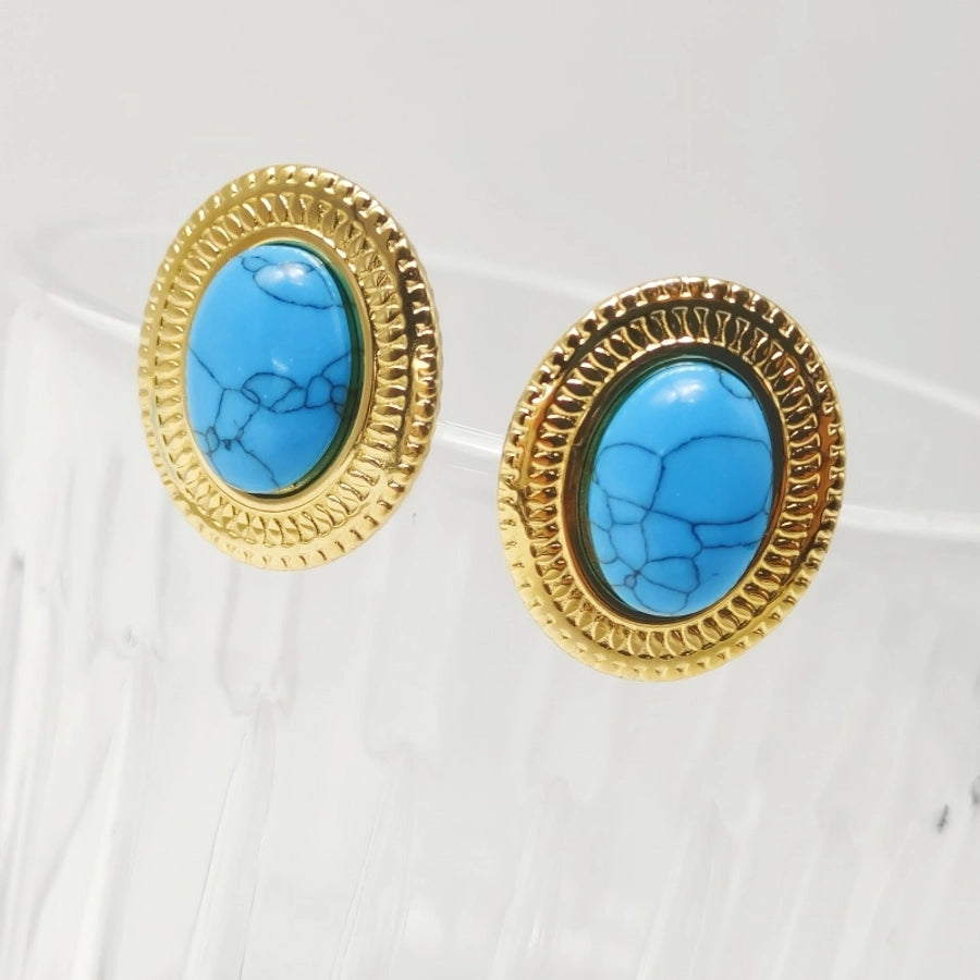 Round Marble Opal Earrings [304 Stainless Steel,18K Gold Plated]