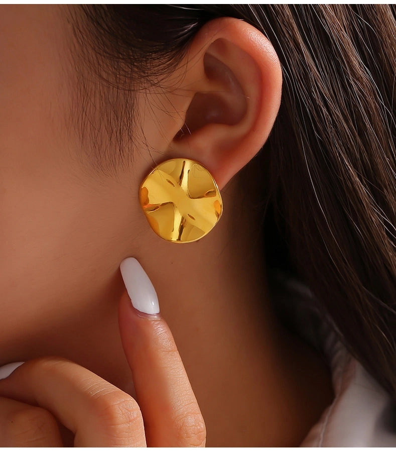 Flat Round Pleated Earrings [304 Stainless Steel,18K Gold Plated]