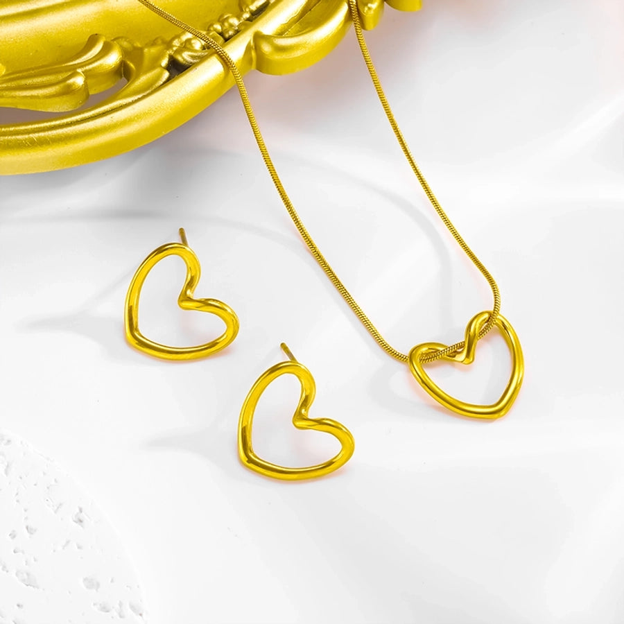 Hollow Heart Earrings/Necklace/Jewelry Set [304 Stainless Steel, 18K Gold Plated]