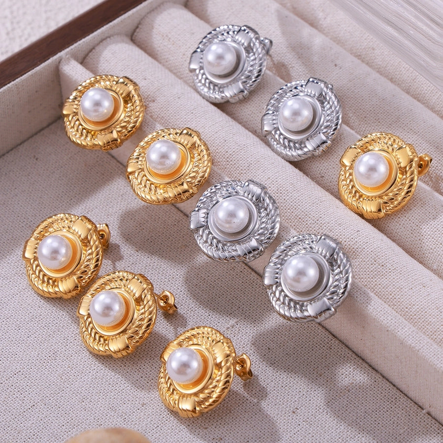 British Style Round Artificial Pearls eARRINGS [304 Stainless Steel,18K Gold Plated]