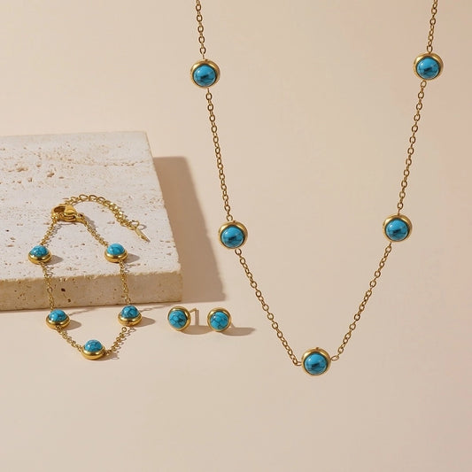 Retro Round Plastic Turquoise Jewelry Set [304 Rustfritt stål, 18K gullbelagt]