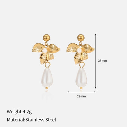 Flower Artificial Pearls Drop Earrings [304 Stainless Steel,18K Gold Plated]