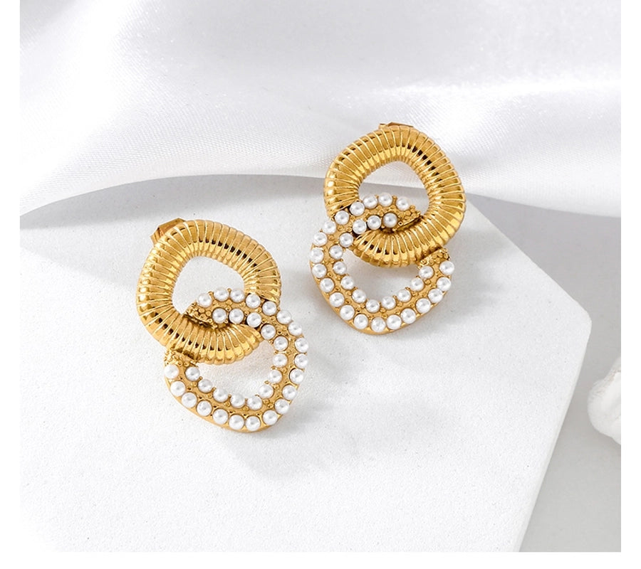 Vintage Style Double Ring Artificial Pearls Earrings [304 Stainless Steel,18K Gold Plated]