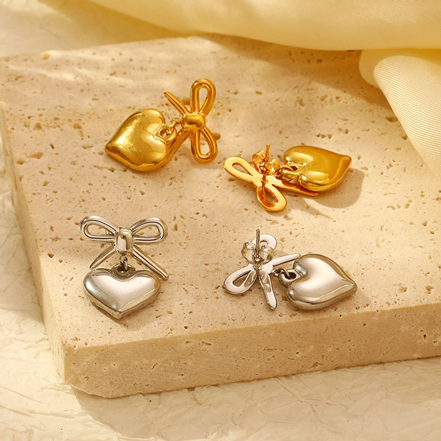 Heart Shape Bow Knot Earrings [304 Stainless Steel,18K Gold Plated]