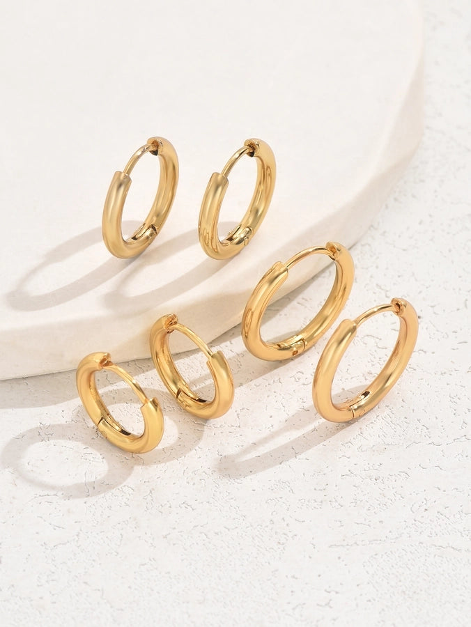 3 Pairs Hoop Earrings [201 Stainless Steel, 18K Gold Plated]