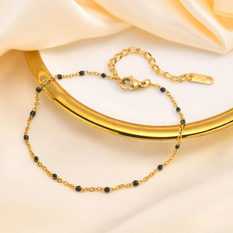 Black Beads Anklet [201 Stainless Steel, 18K Gold Plated]