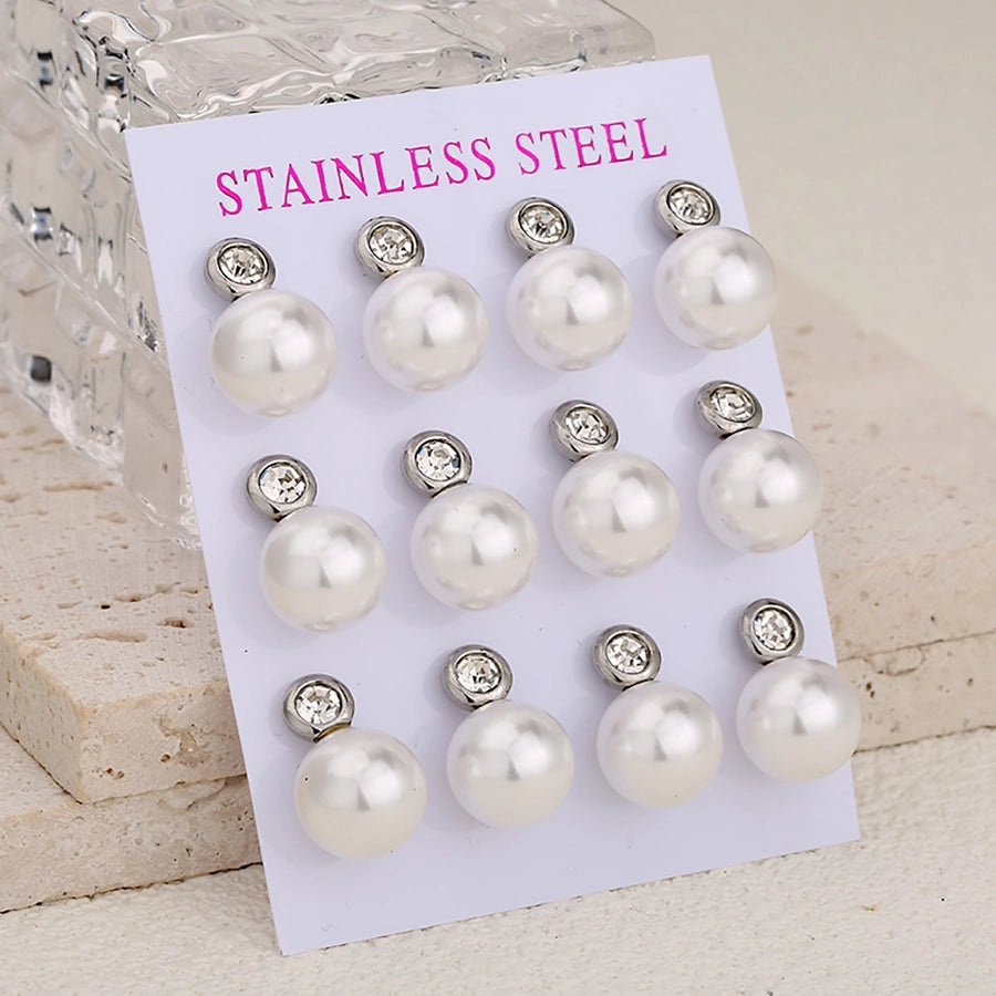 Round Pearl Stud øreringe sæt [304 rustfrit stål]