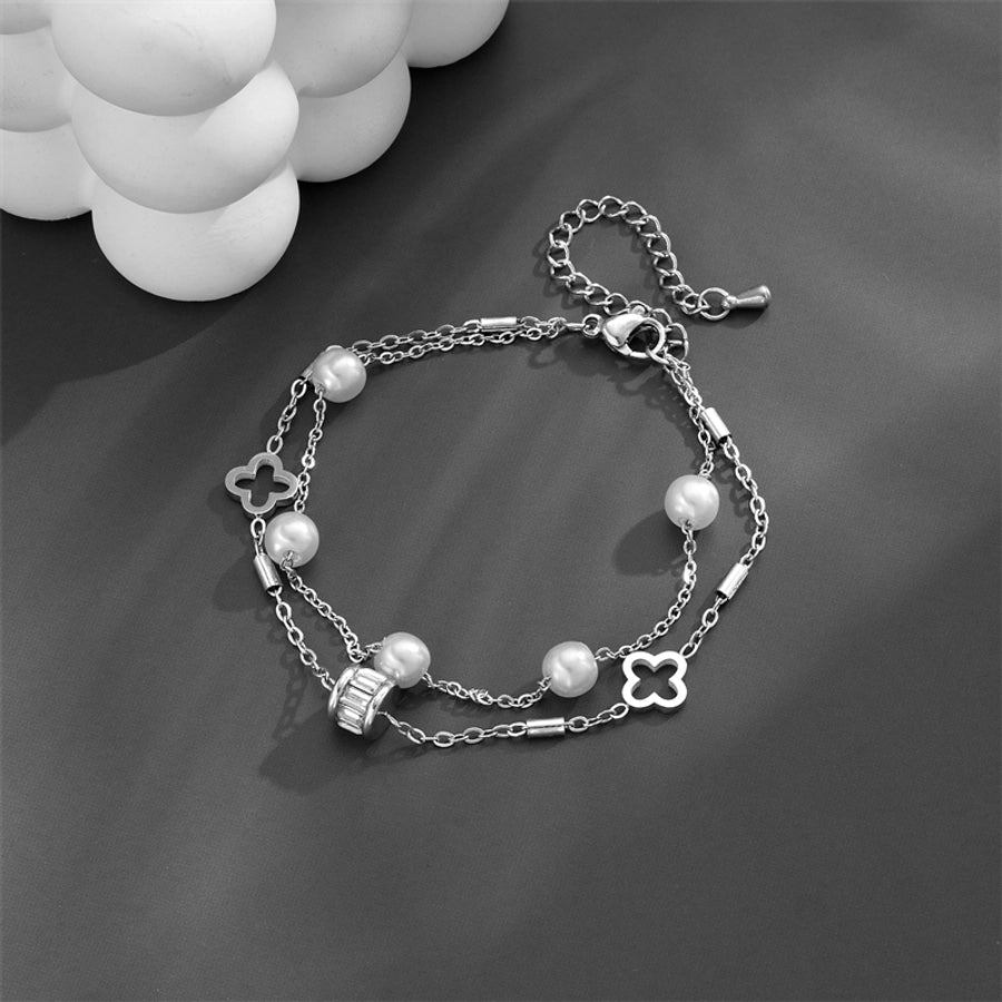 Pearl Flower Layered Anklet [Stainless Steel, 18K Gold Plated]