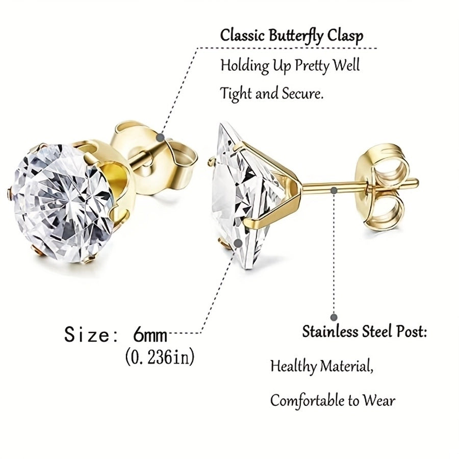 Round Square Rhinestone Stud Earrings [304 Stainless Steel 18K Gold Plated]