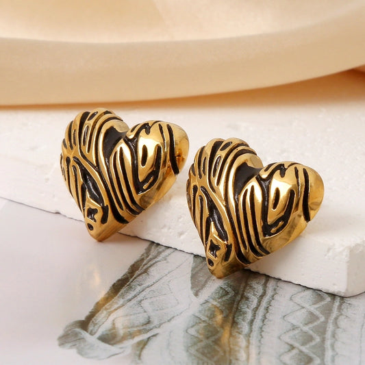 Retro Print Heart Earrings [304 Stainless Steel]