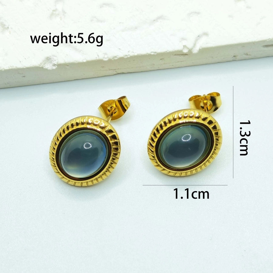 Oval Stone Earrings [304 Stainless Steel,18K Gold Plated]