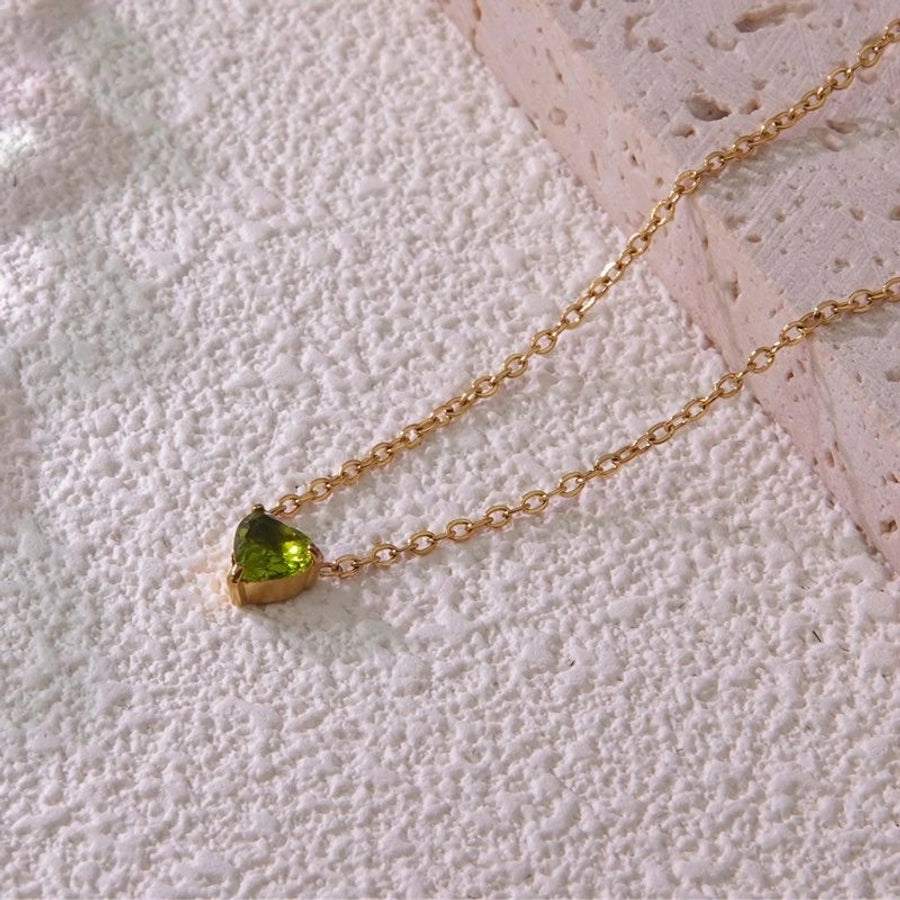 Heart Shape Rhinestones Birthstone Necklace [304 Stainless Steel,18K Gold Plated]