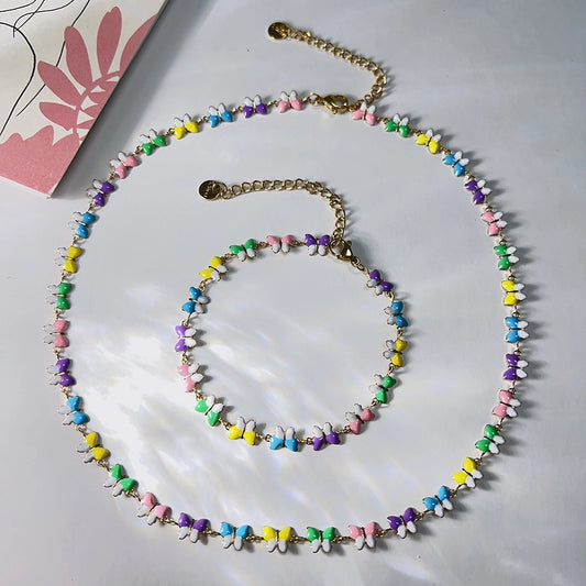 Rainbow Butterfly Bracelet/Necklace [304 Stainless Steel,18K Gold Plated]