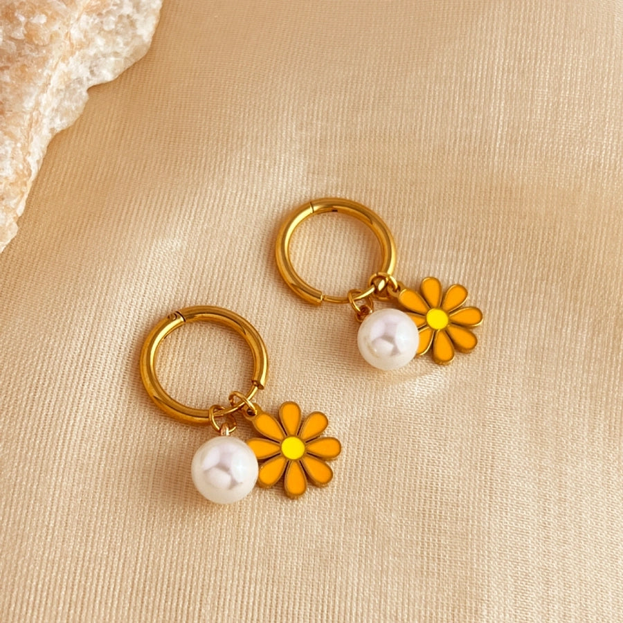 Flower Enamel Pearl [201 Stainless Steel,18K Gold Plated]