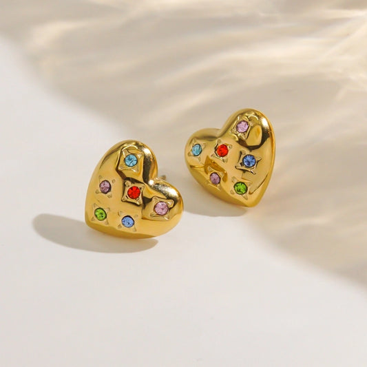 Boucles d'oreilles en zircon en forme de cœur [304 en acier inoxydable, plaqué or 14K]