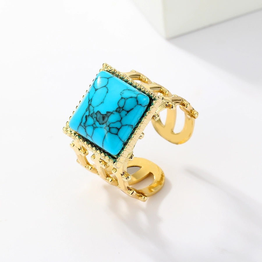 Round Square Turquoise Open Ring [201 Stainless Steel, 18K Gold Plated]