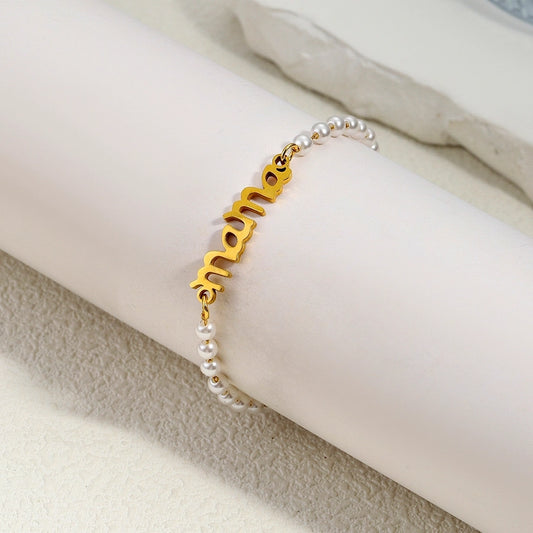 Artificial Pearls Mama Bracelet [304 Stainless Steel, 18K Gold Plated]