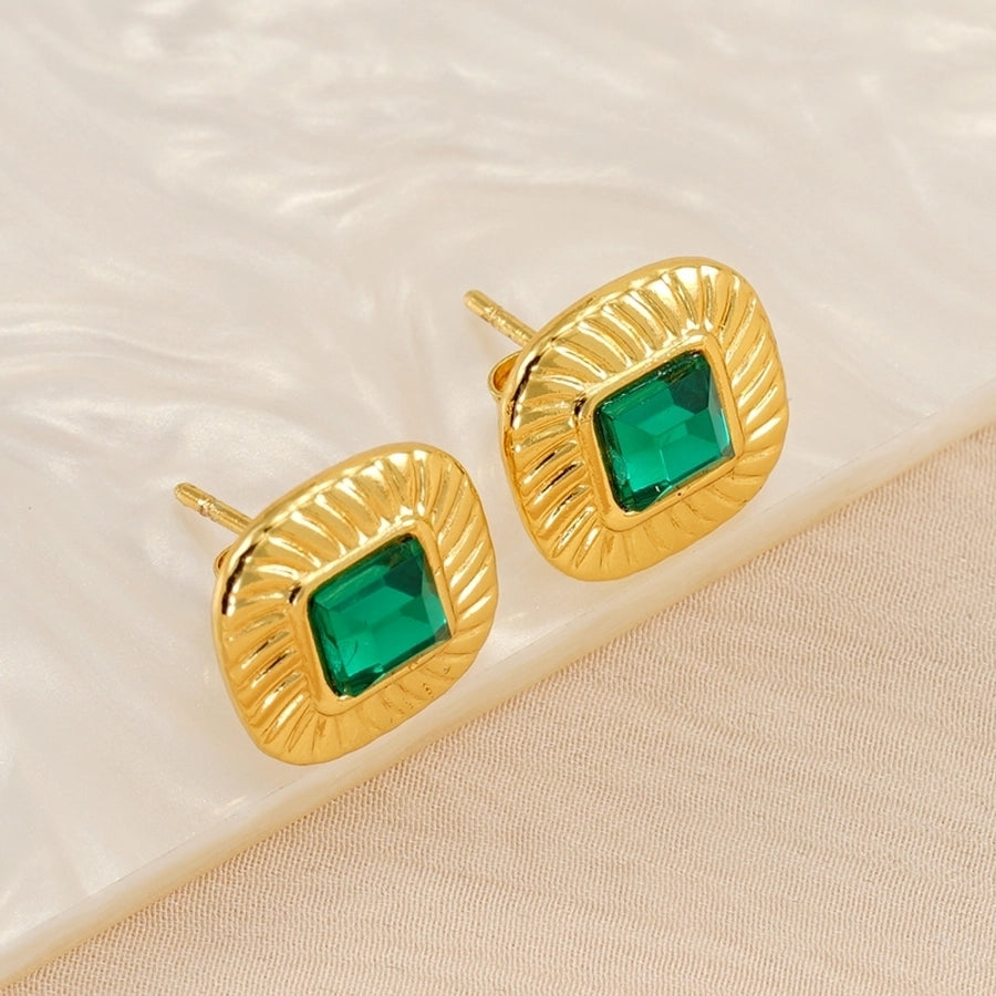 Square Green Glass Stone Earrings [304 Stainless Steel,18K Gold Plated]