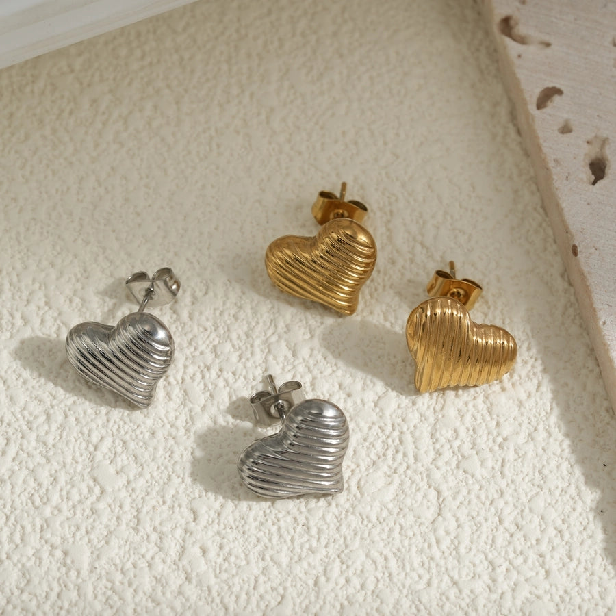 Striped Heart Shape Earrings [304 Stainless Steel,18K Gold Plated]