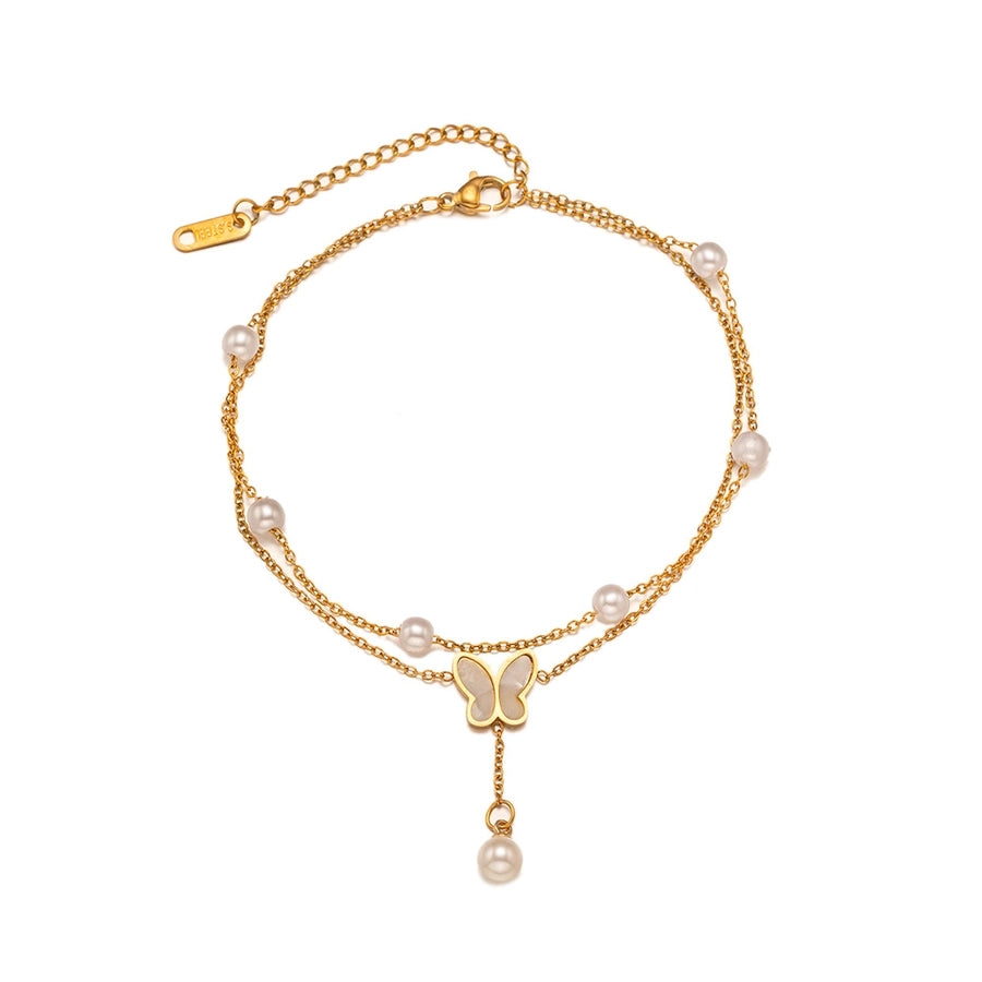 Pearl Butterfly Layered Anklet [304 ανοξείδωτος χάλυβα, 18k χρυσό επιχρυσωμένο]