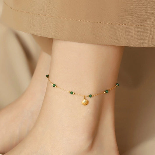 Små grønne perler Shell Anklet [304 Rustfrit stål, 18K guldbelagt]