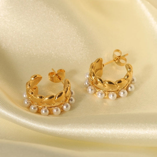 French Style C Shape Artificial Pearls Earrings [304 Stainless Steel,18K Gold Plated]