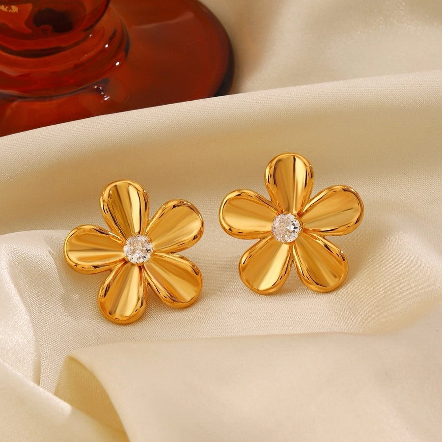 Flower Inlay Zircon Earrings [304 Stainless Steel,18K Gold Plated]