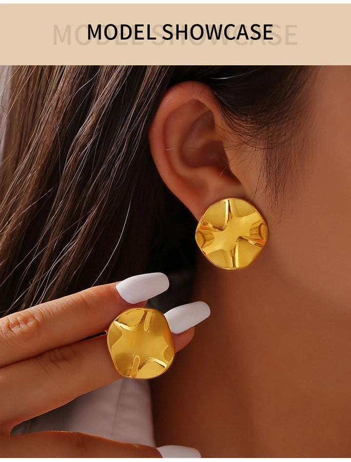 Flat Round Pleated Earrings [304 Stainless Steel,18K Gold Plated]