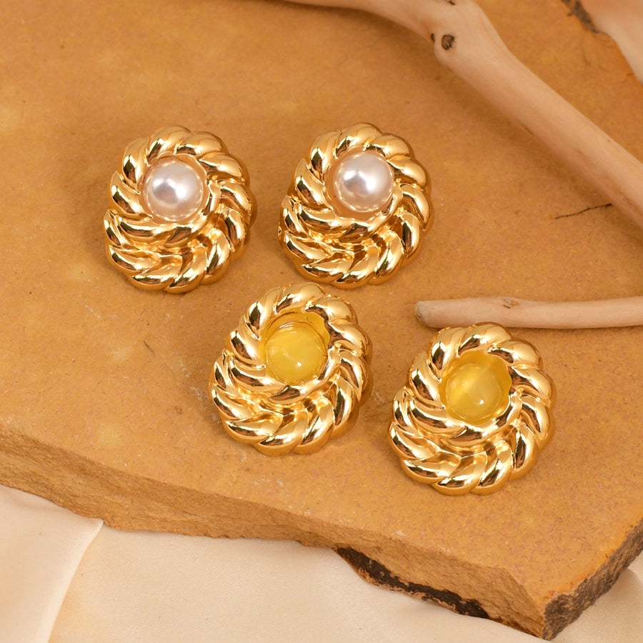 Oval Stones Earrings [304 Stainless Steel,18K Gold Plated]