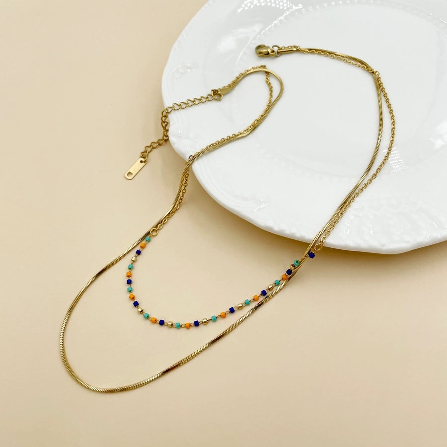 Colorful Beads Layered Necklace [304 Stainless Steel,18K Gold Plated]