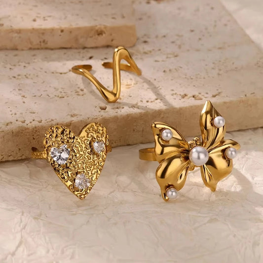 Heart Shape Bow Knot Asymmetrical Open Rings[304 Stainless Steel]