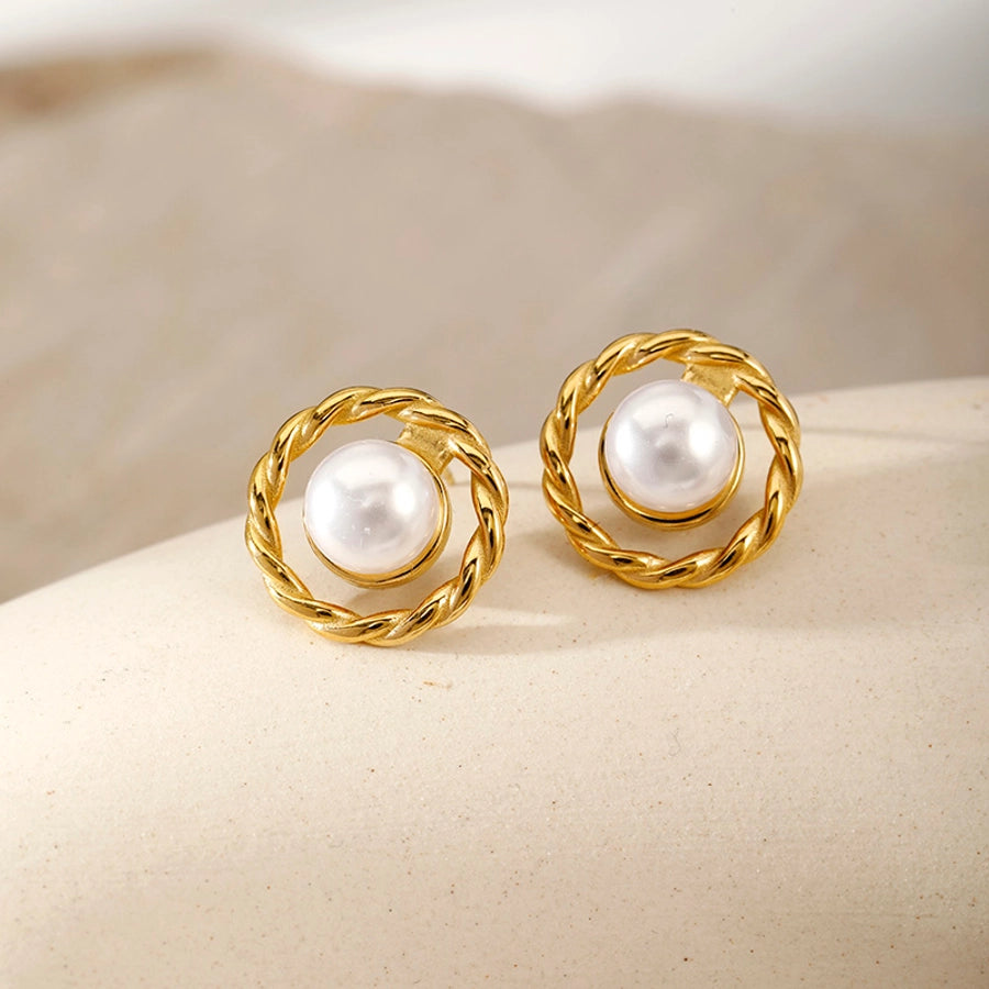 Round Artificial Pearls Ear Studs [304 Stainless Steel,18K Gold Plated]