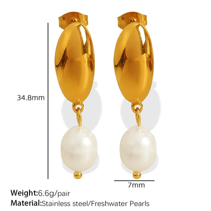 Freshwater Pearl Oval Drop Earrings [304 Stainless Steel,18K Gold Plated]